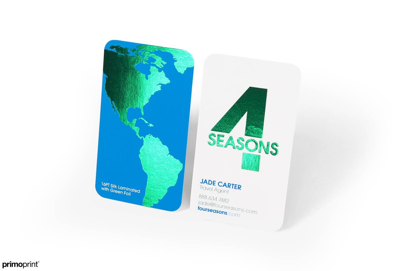 Premium, 19pt Silk business card with green Stamped Foil and 1/4 rounded corners.